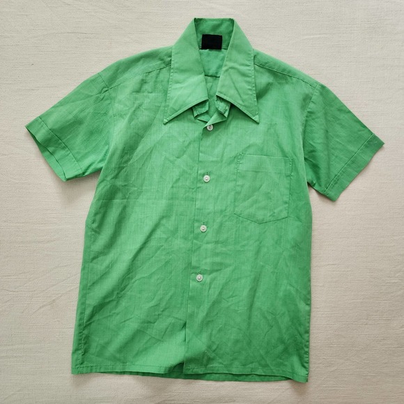 Vintage 70s Green Buttondown Shirt kids 10 - Picture 2 of 7